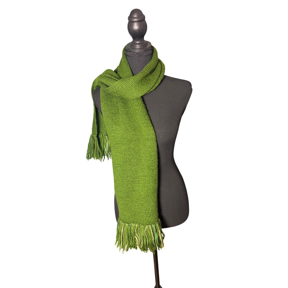 Handmade Green Ribbed Knit Scarf with Multi-Color Fringe Trim Long Winter Wrap